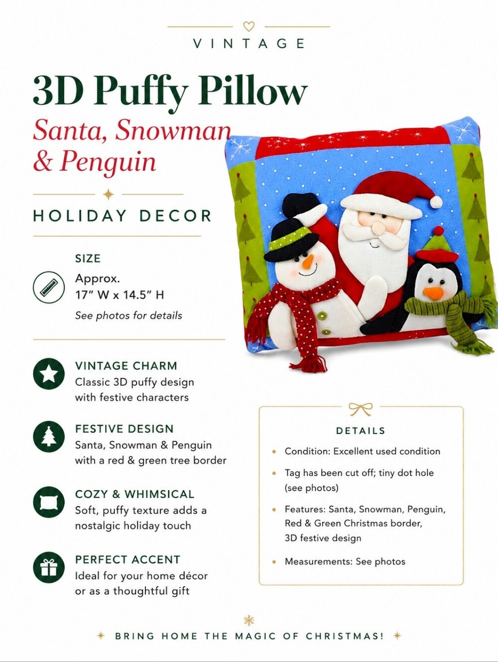 Vintage 3D Puffy Pillow Santa Snowman Penguin Holiday Decor